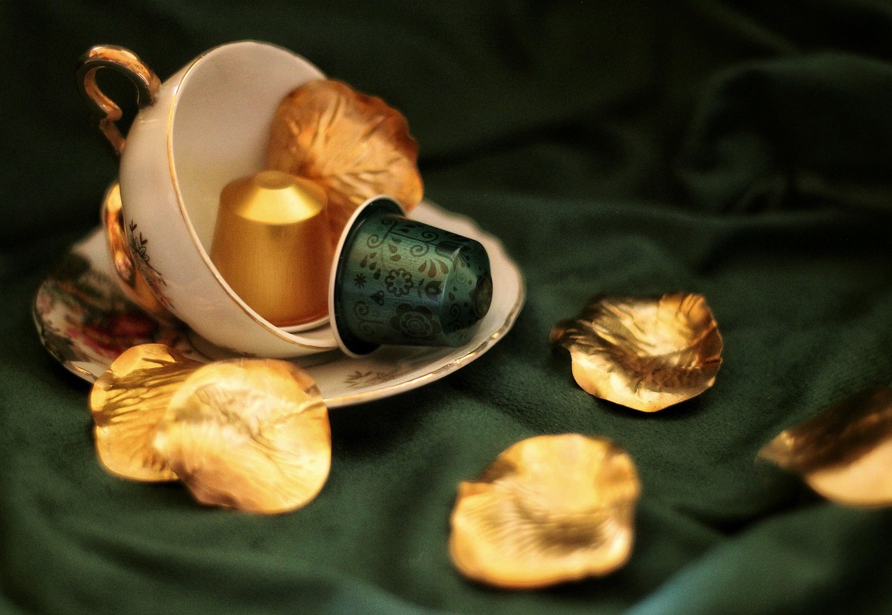 coffee, capsule, gold, green, elegant, coffee cup, cup, petal, still life, coffee pod