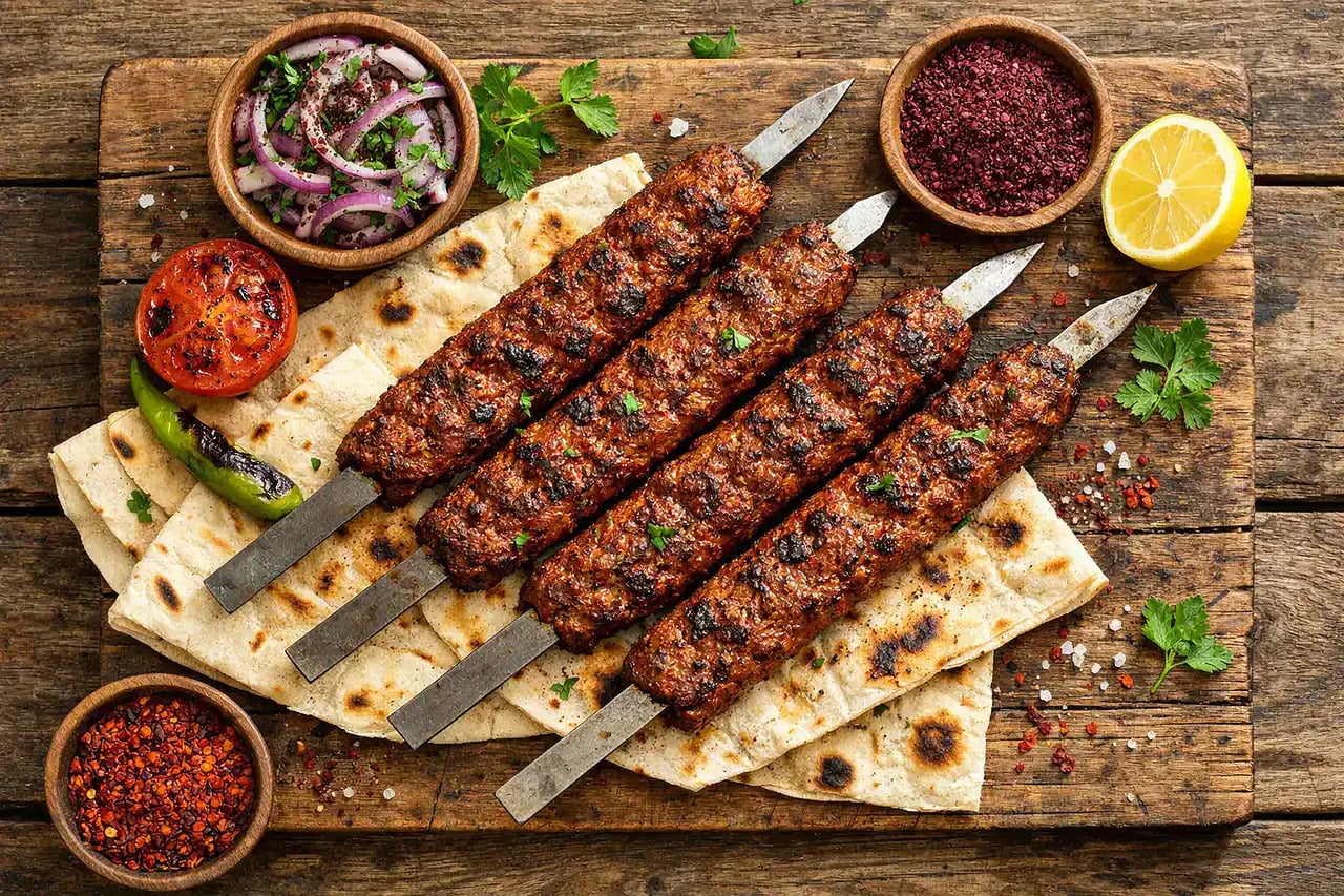 adana kebab, turkish food, minced lamb, grilled meat, skewer, flatbread, sumac, onion, grilled tomato, lemon, chili, protein, nutritious meal, nutritional value